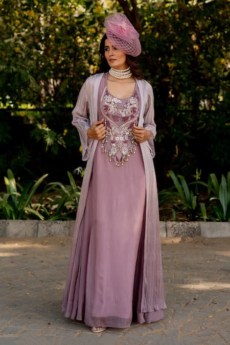 Nikita Vishakha Purple Lurex Embroidered Thread U Neck Dress With Cape
