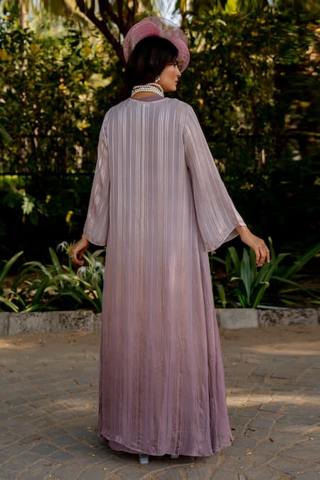 Shop Nikita Vishakha Purple Organza, Crepe, Lurex Embroidery Round Neck Thread Dress With Cape at Aza Fashions Shop_Nikita Vishakha_Purple Organza, Crepe, Lurex Embroidery Round Neck Thread Dress With Cape _at_Aza_Fashions