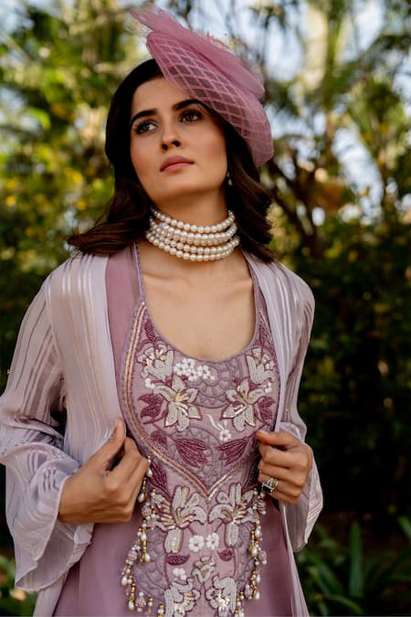 Buy Nikita Vishakha Purple Organza, Crepe, Lurex Embroidery Round Neck Thread Dress With Cape Online at Aza Fashions Buy_Nikita Vishakha_Purple Organza, Crepe, Lurex Embroidery Round Neck Thread Dress With Cape _Online_at_Aza_Fashions