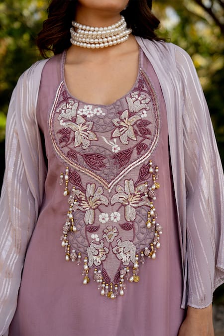Shop Nikita Vishakha Purple Organza, Crepe, Lurex Embroidery Round Neck Thread Dress With Cape Online at Aza Fashions Shop_Nikita Vishakha_Purple Organza, Crepe, Lurex Embroidery Round Neck Thread Dress With Cape _Online_at_Aza_Fashions