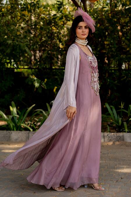 Nikita Vishakha Purple Organza, Crepe, Lurex Embroidery Round Neck Thread Dress With Cape at Aza Fashions Nikita Vishakha_Purple Organza, Crepe, Lurex Embroidery Round Neck Thread Dress With Cape _at_Aza_Fashions