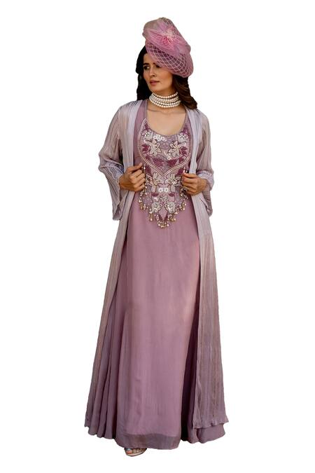 Buy Nikita Vishakha Purple Organza, Crepe, Lurex Embroidery Round Neck Thread Dress With Cape Buy_Nikita Vishakha_Purple Organza, Crepe, Lurex Embroidery Round Neck Thread Dress With Cape