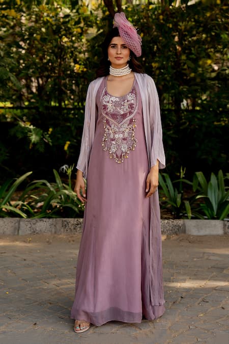 Shop Nikita Vishakha Purple Organza, Crepe, Lurex Embroidery Round Neck Thread Dress With Cape Shop_Nikita Vishakha_Purple Organza, Crepe, Lurex Embroidery Round Neck Thread Dress With Cape
