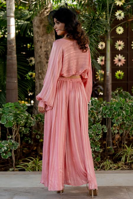 Shop Nikita Vishakha Pink Lurex Embroidery, Beads, Tassels V-neck Top And Sharara Set at Aza Fashions Shop_Nikita Vishakha_Pink Lurex Embroidery, Beads, Tassels V-neck Top And Sharara Set _at_Aza_Fashions