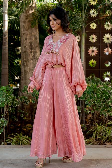 Shop Nikita Vishakha Pink Lurex Embroidery, Beads, Tassels V-neck Top And Sharara Set Online at Aza Fashions Shop_Nikita Vishakha_Pink Lurex Embroidery, Beads, Tassels V-neck Top And Sharara Set _Online_at_Aza_Fashions