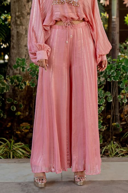 Nikita Vishakha Pink Lurex Embroidery, Beads, Tassels V-neck Top And Sharara Set at Aza Fashions Nikita Vishakha_Pink Lurex Embroidery, Beads, Tassels V-neck Top And Sharara Set _at_Aza_Fashions