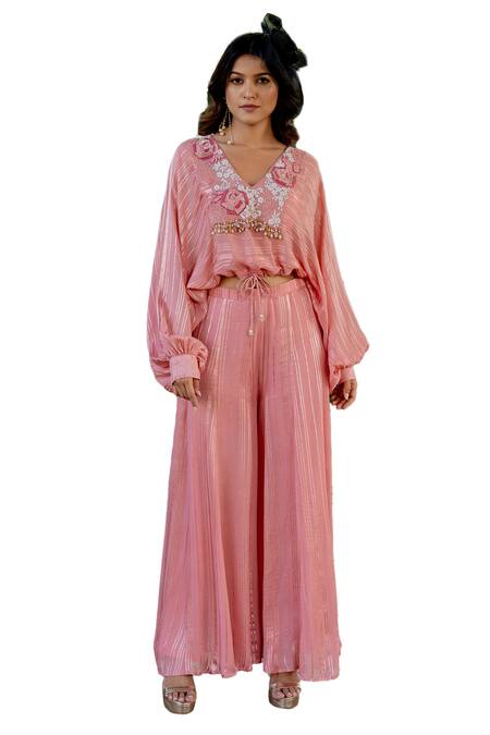 Buy Nikita Vishakha Pink Lurex Embroidery, Beads, Tassels V-neck Top And Sharara Set Buy_Nikita Vishakha_Pink Lurex Embroidery, Beads, Tassels V-neck Top And Sharara Set