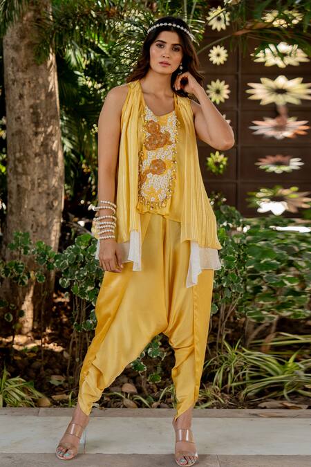 Nikita Vishakha Yellow Crepe, Lurex Beads, Embroidery Round Neck Top Dhoti Pant Set With Cape at Aza Fashions Nikita Vishakha_Yellow Crepe, Lurex Beads, Embroidery Round Neck Top Dhoti Pant Set With Cape _at_Aza_Fashions