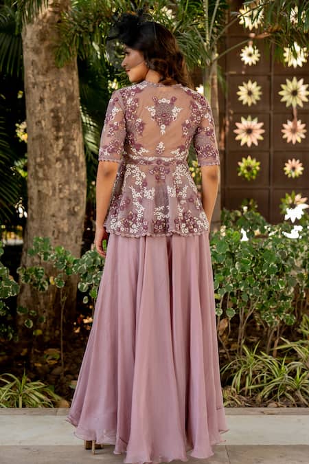Shop Nikita Vishakha Purple Organza, Net Embroidery, Beads, Tassels V-neck Peplum Top And Sharara Set at Aza Fashions Shop_Nikita Vishakha_Purple Organza, Net Embroidery, Beads, Tassels V-neck Peplum Top And Sharara Set _at_Aza_Fashions