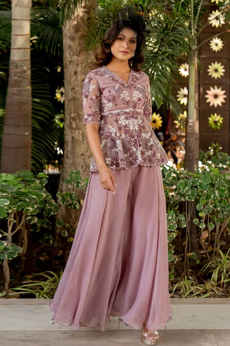 Shop Nikita Vishakha Purple Organza, Net Embroidery, Beads, Tassels V-neck Peplum Top And Sharara Set Online at Aza Fashions Shop_Nikita Vishakha_Purple Organza, Net Embroidery, Beads, Tassels V-neck Peplum Top And Sharara Set _Online_at_Aza_Fashions
