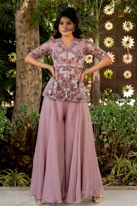 Buy Nikita Vishakha Purple Organza, Net Embroidery, Beads, Tassels V-neck Peplum Top And Sharara Set Buy_Nikita Vishakha_Purple Organza, Net Embroidery, Beads, Tassels V-neck Peplum Top And Sharara Set