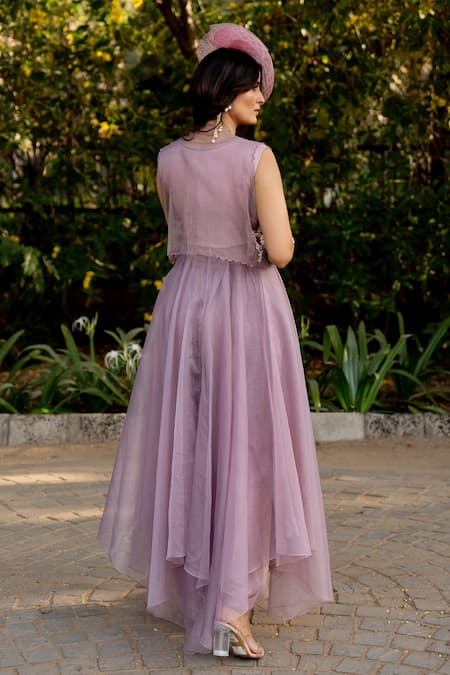 Shop Nikita Vishakha Purple Silk, Organza Beads, Tassels, Embroidery V-neck Shrug With Dress at Aza Fashions Shop_Nikita Vishakha_Purple Silk, Organza Beads, Tassels, Embroidery V-neck Shrug With Dress _at_Aza_Fashions