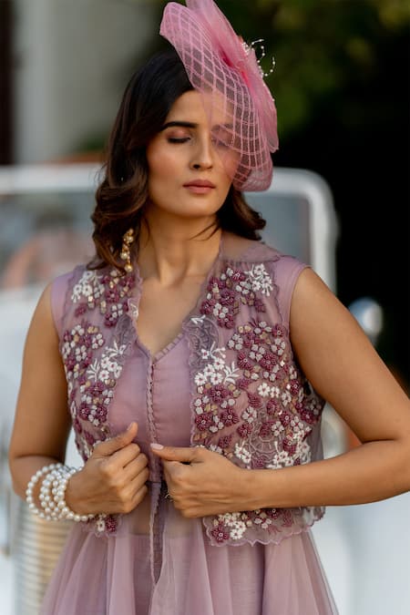 Nikita Vishakha Purple Silk, Organza Beads, Tassels, Embroidery V-neck Shrug With Dress Online at Aza Fashions Nikita Vishakha_Purple Silk, Organza Beads, Tassels, Embroidery V-neck Shrug With Dress _Online_at_Aza_Fashions