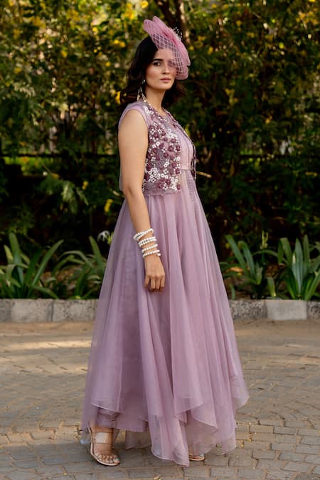 Shop Nikita Vishakha Purple Silk, Organza Beads, Tassels, Embroidery V-neck Shrug With Dress Online at Aza Fashions Shop_Nikita Vishakha_Purple Silk, Organza Beads, Tassels, Embroidery V-neck Shrug With Dress _Online_at_Aza_Fashions