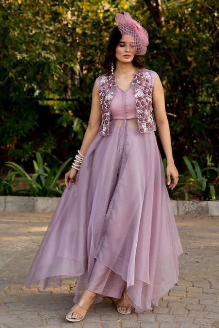 Nikita Vishakha Purple Silk, Organza Beads, Tassels, Embroidery V-neck Shrug With Dress at Aza Fashions Nikita Vishakha_Purple Silk, Organza Beads, Tassels, Embroidery V-neck Shrug With Dress _at_Aza_Fashions