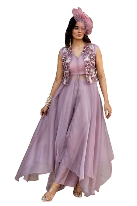 Buy Nikita Vishakha Purple Silk, Organza Beads, Tassels, Embroidery V-neck Shrug With Dress Buy_Nikita Vishakha_Purple Silk, Organza Beads, Tassels, Embroidery V-neck Shrug With Dress