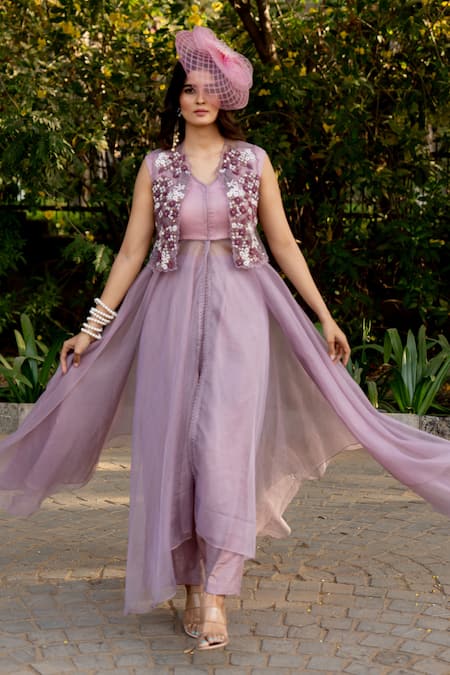 Shop Nikita Vishakha Purple Silk, Organza Beads, Tassels, Embroidery V-neck Shrug With Dress Shop_Nikita Vishakha_Purple Silk, Organza Beads, Tassels, Embroidery V-neck Shrug With Dress
