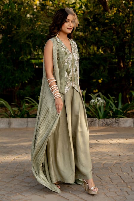 Nikita Vishakha Green Silk, Lurex Embroidery, Beads, Tassels V-neck Vest Pant Set With Cape Online at Aza Fashions Nikita Vishakha_Green Silk, Lurex Embroidery, Beads, Tassels V-neck Vest Pant Set With Cape _Online_at_Aza_Fashions