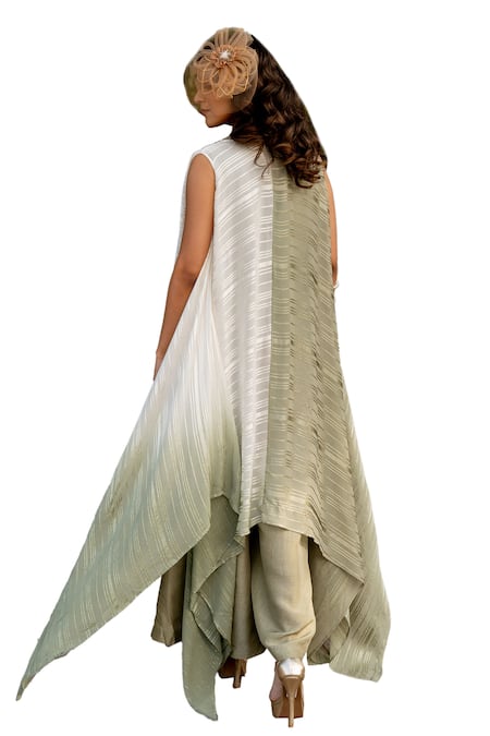 Shop Nikita Vishakha Green Silk, Lurex Embroidery, Beads, Tassels V-neck Vest Pant Set With Cape Online at Aza Fashions Shop_Nikita Vishakha_Green Silk, Lurex Embroidery, Beads, Tassels V-neck Vest Pant Set With Cape _Online_at_Aza_Fashions