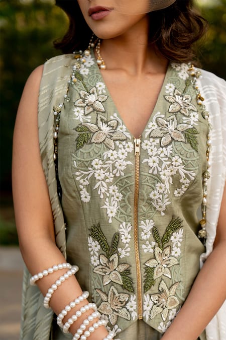 Nikita Vishakha Green Silk, Lurex Embroidery, Beads, Tassels V-neck Vest Pant Set With Cape at Aza Fashions Nikita Vishakha_Green Silk, Lurex Embroidery, Beads, Tassels V-neck Vest Pant Set With Cape _at_Aza_Fashions