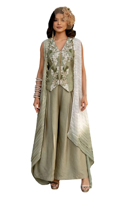 Buy Nikita Vishakha Green Silk, Lurex Embroidery, Beads, Tassels V-neck Vest Pant Set With Cape Buy_Nikita Vishakha_Green Silk, Lurex Embroidery, Beads, Tassels V-neck Vest Pant Set With Cape