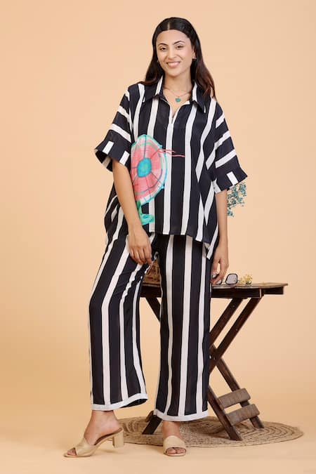 Radhika Jindal Black Cotton Silk Printed Stripe Collared Shirt And Pant Set 