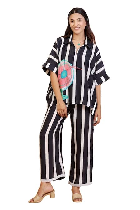 Radhika Jindal_Black Cotton, Silk Collared Stripe Print Shirt And Pant Set_Online_at_Aza_Fashions
