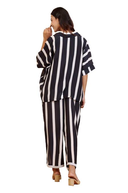 Shop_Radhika Jindal_Black Cotton, Silk Collared Stripe Print Shirt And Pant Set_Online_at_Aza_Fashions