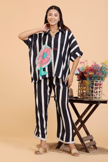 Radhika Jindal_Black Cotton, Silk Collared Stripe Print Shirt And Pant Set_at_Aza_Fashions