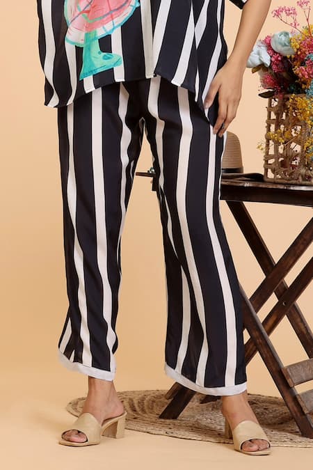 Buy_Radhika Jindal_Black Cotton, Silk Collared Stripe Print Shirt And Pant Set