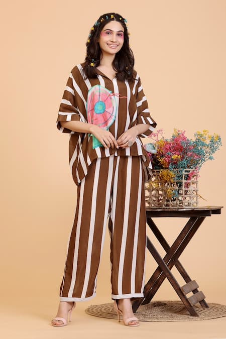 Radhika Jindal Stripe Fan Print Shirt Pant Set 