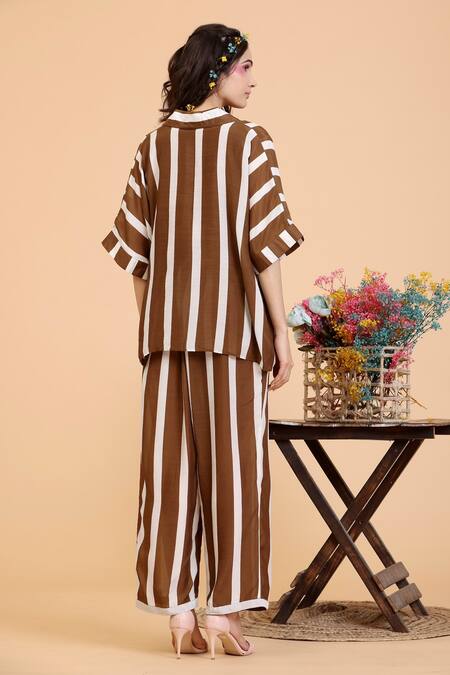 Shop Radhika Jindal Brown Cotton, Silk Collared Stripe Fan Print Shirt Pant Set at Aza Fashions Shop_Radhika Jindal_Brown Cotton, Silk Collared Stripe Fan Print Shirt Pant Set_at_Aza_Fashions