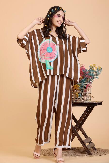 Radhika Jindal Brown Cotton, Silk Collared Stripe Fan Print Shirt Pant Set Online at Aza Fashions Radhika Jindal_Brown Cotton, Silk Collared Stripe Fan Print Shirt Pant Set_Online_at_Aza_Fashions