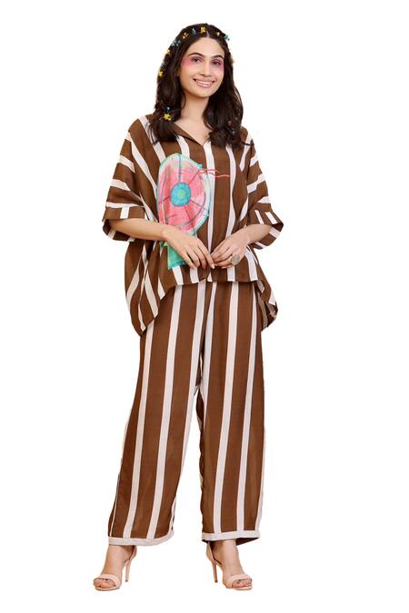 Buy Radhika Jindal Brown Cotton, Silk Collared Stripe Fan Print Shirt Pant Set Online at Aza Fashions Buy_Radhika Jindal_Brown Cotton, Silk Collared Stripe Fan Print Shirt Pant Set_Online_at_Aza_Fashions