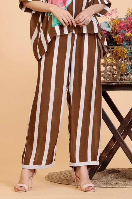 Shop Radhika Jindal Brown Cotton, Silk Collared Stripe Fan Print Shirt Pant Set Online at Aza Fashions Shop_Radhika Jindal_Brown Cotton, Silk Collared Stripe Fan Print Shirt Pant Set_Online_at_Aza_Fashions