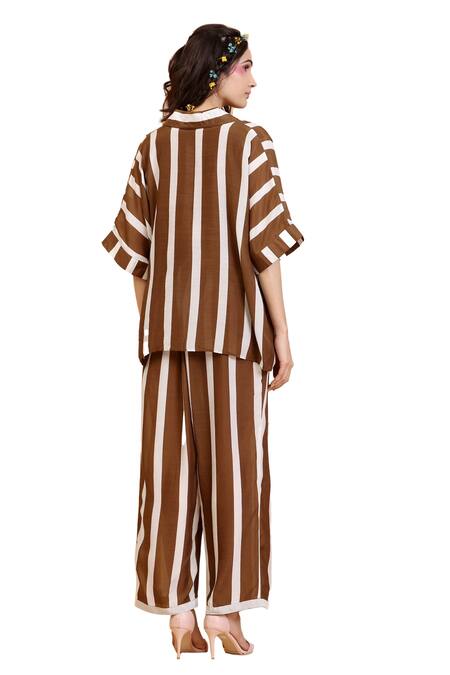 Radhika Jindal Brown Cotton, Silk Collared Stripe Fan Print Shirt Pant Set at Aza Fashions Radhika Jindal_Brown Cotton, Silk Collared Stripe Fan Print Shirt Pant Set_at_Aza_Fashions