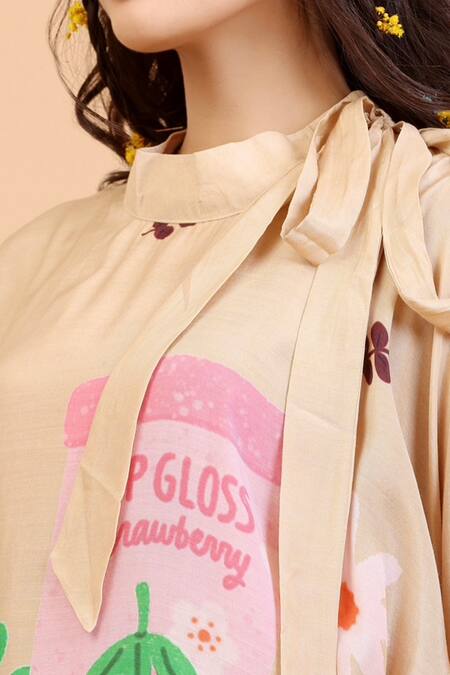 Buy_Radhika Jindal_Gold Cotton, Silk Round Neck Lipgloss Print Shift Dress_Online_at_Aza_Fashions