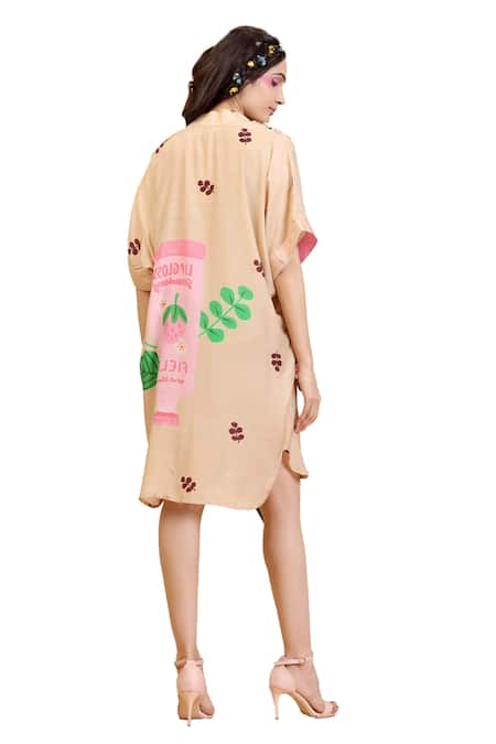 Shop_Radhika Jindal_Gold Cotton, Silk Round Neck Lipgloss Print Shift Dress_Online_at_Aza_Fashions