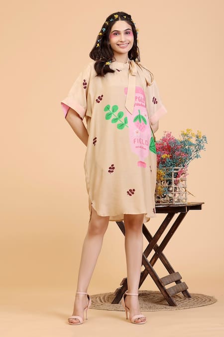 Radhika Jindal_Gold Cotton, Silk Round Neck Lipgloss Print Shift Dress_at_Aza_Fashions