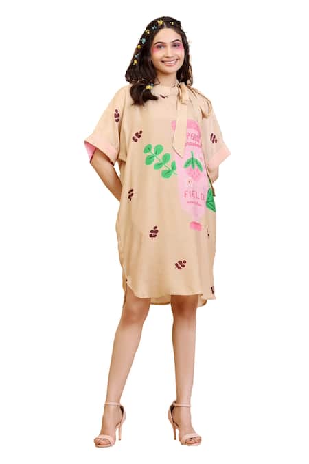 Buy_Radhika Jindal_Gold Cotton, Silk Round Neck Lipgloss Print Shift Dress