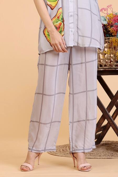 Radhika Jindal Grey Cotton, Silk Mandarin Collar Quirky Print Top And Pant Set Online at Aza Fashions Radhika Jindal_Grey Cotton, Silk Mandarin Collar Quirky Print Top And Pant Set_Online_at_Aza_Fashions