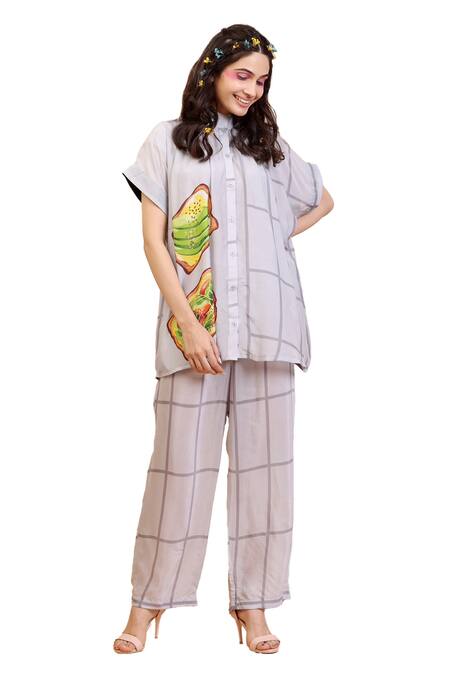 Buy Radhika Jindal Grey Cotton, Silk Mandarin Collar Quirky Print Top And Pant Set Online at Aza Fashions Buy_Radhika Jindal_Grey Cotton, Silk Mandarin Collar Quirky Print Top And Pant Set_Online_at_Aza_Fashions