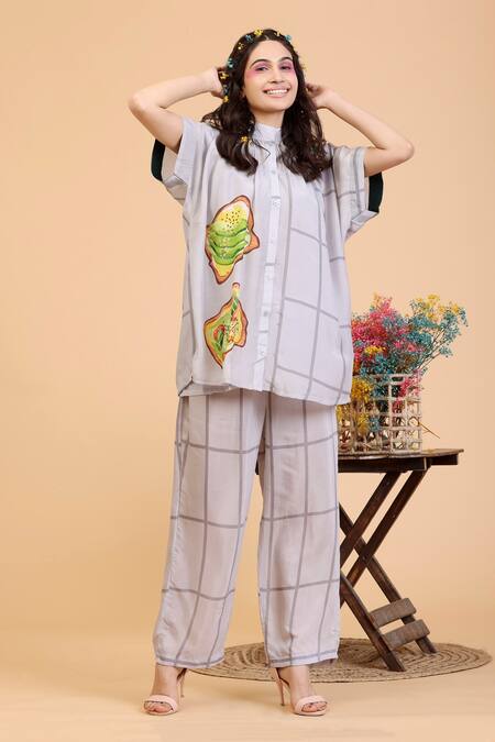 Shop Radhika Jindal Grey Cotton, Silk Mandarin Collar Quirky Print Top And Pant Set Online at Aza Fashions Shop_Radhika Jindal_Grey Cotton, Silk Mandarin Collar Quirky Print Top And Pant Set_Online_at_Aza_Fashions