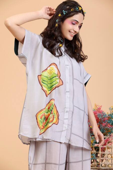 Radhika Jindal Grey Cotton, Silk Mandarin Collar Quirky Print Top And Pant Set at Aza Fashions Radhika Jindal_Grey Cotton, Silk Mandarin Collar Quirky Print Top And Pant Set_at_Aza_Fashions