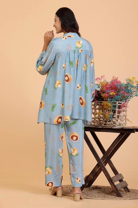 Shop Radhika Jindal Grey Cotton, Silk Mandarin Collar Mushroom Print Shirt Pant Set at Aza Fashions Shop_Radhika Jindal_Grey Cotton, Silk Mandarin Collar Mushroom Print Shirt Pant Set_at_Aza_Fashions