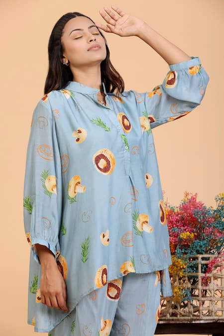 Radhika Jindal Grey Cotton, Silk Mandarin Collar Mushroom Print Shirt Pant Set Online at Aza Fashions Radhika Jindal_Grey Cotton, Silk Mandarin Collar Mushroom Print Shirt Pant Set_Online_at_Aza_Fashions