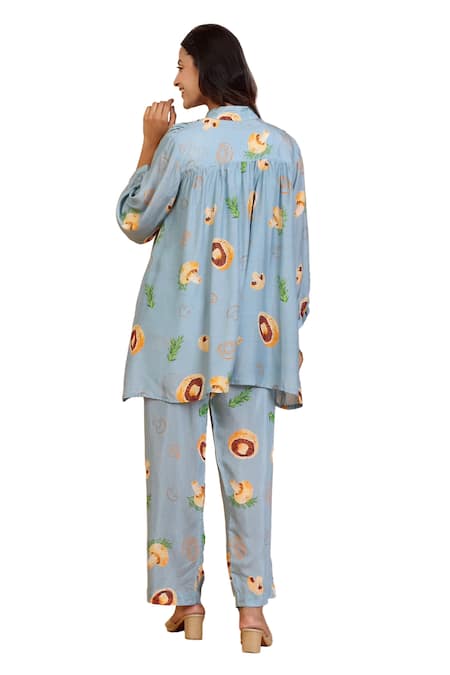 Buy Radhika Jindal Grey Cotton, Silk Mandarin Collar Mushroom Print Shirt Pant Set Online at Aza Fashions Buy_Radhika Jindal_Grey Cotton, Silk Mandarin Collar Mushroom Print Shirt Pant Set_Online_at_Aza_Fashions