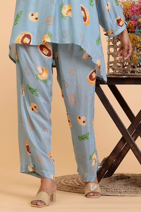 Shop Radhika Jindal Grey Cotton, Silk Mandarin Collar Mushroom Print Shirt Pant Set Online at Aza Fashions Shop_Radhika Jindal_Grey Cotton, Silk Mandarin Collar Mushroom Print Shirt Pant Set_Online_at_Aza_Fashions