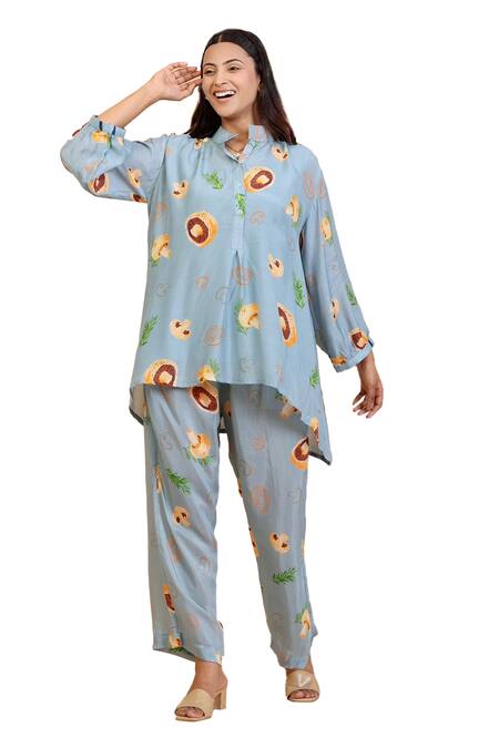 Radhika Jindal Grey Cotton, Silk Mandarin Collar Mushroom Print Shirt Pant Set at Aza Fashions Radhika Jindal_Grey Cotton, Silk Mandarin Collar Mushroom Print Shirt Pant Set_at_Aza_Fashions