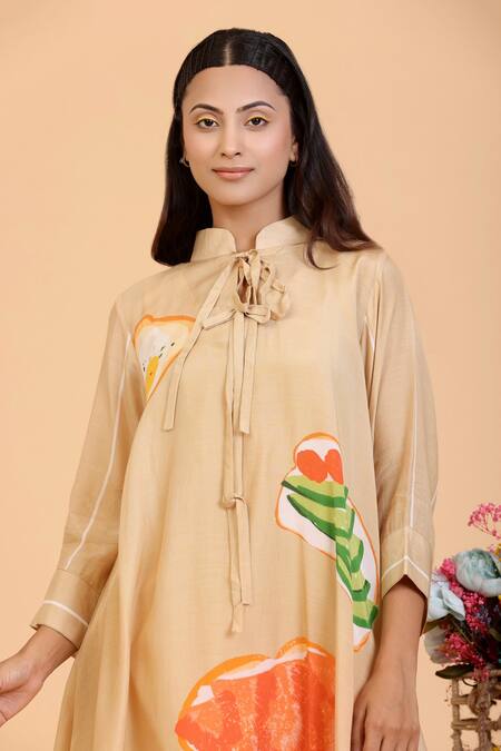 Radhika Jindal_Gold Cotton, Silk Mandarin Collar Quirky Print Shirt Dress_Online_at_Aza_Fashions